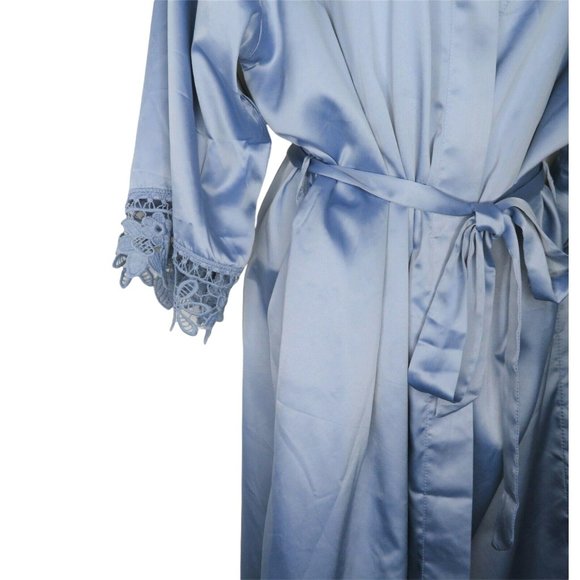 Vintage Blue Satin Dressing Bath Robe One Size Wide Lace Trim Knee Length Belted - Picture 9 of 12